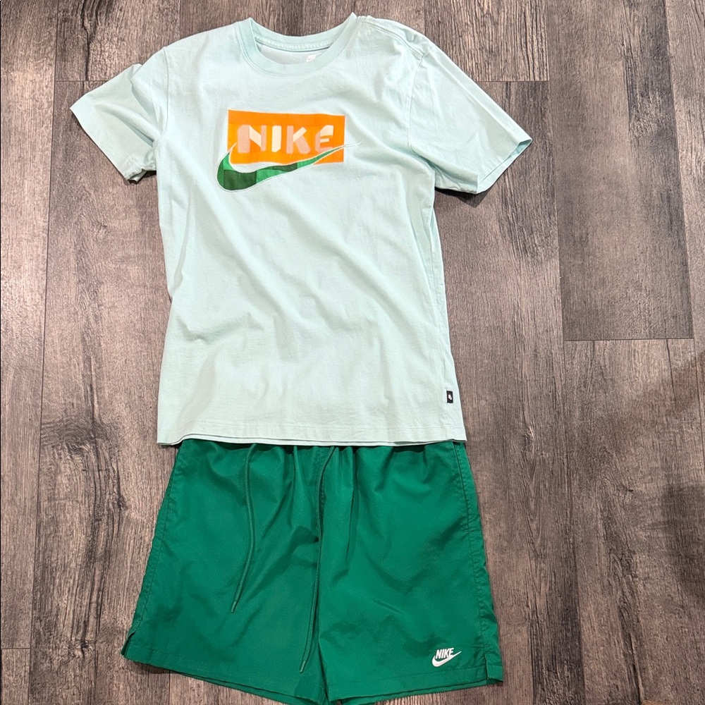 Nike Mint Green Tee with Orange Logo and Green Shorts Set
